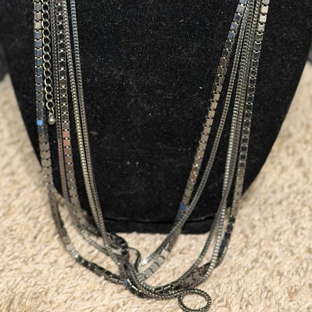Chico’s Gunmetal Multi-Chain Statement Necklace Layered Fringe Tassel - Picture 2 of 8